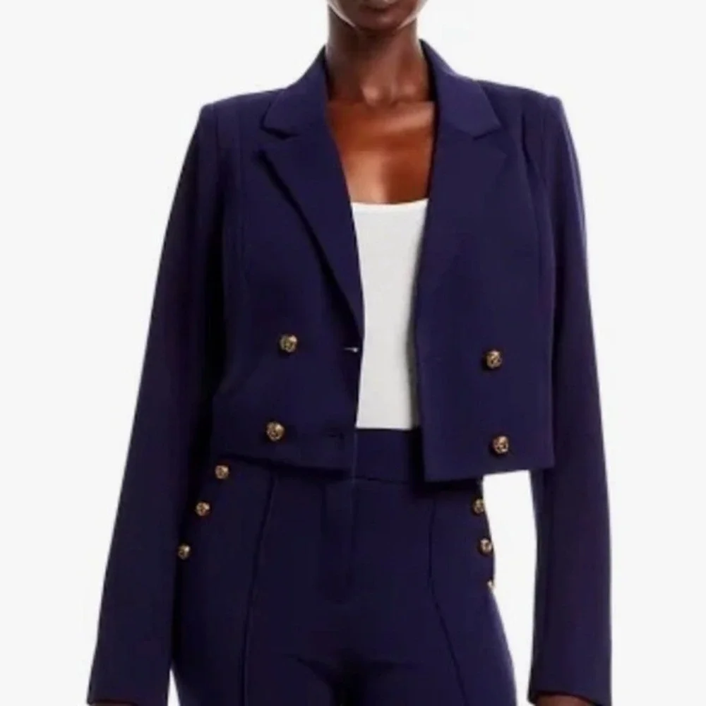 AQUA Womens Navy Blue Cropped Double Breasted Blazer Gold‎ Buttons Size Medium